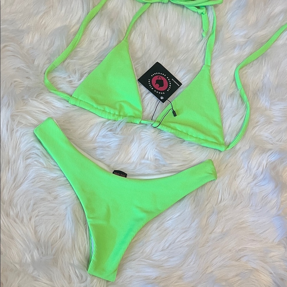 Demon Bikini Handmade Neon Green Ribbed Bikini Set Triangle Top Cheeky Bottom Sm